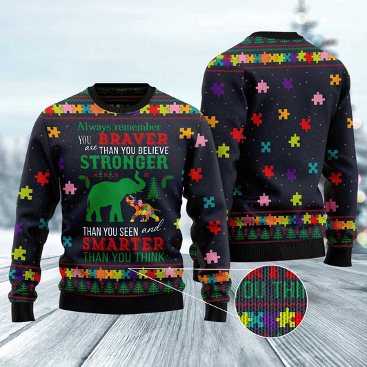 FUNSTUFFPRINT Elephant Autism Awareness Ugly Christmas Sweater, Christmas Sweater, Ugly Sweater, Funny Xmas Sweaters Ugly  Sweater