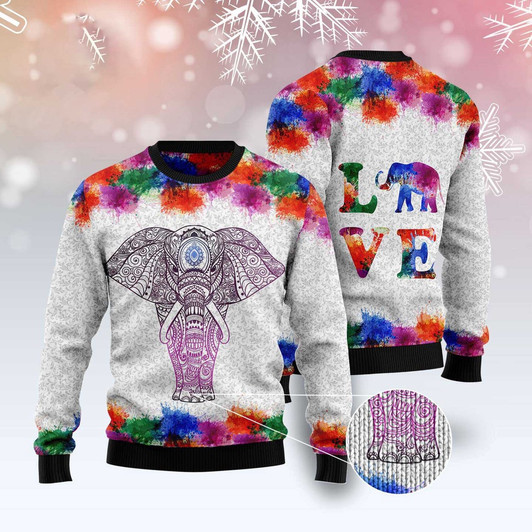 FUNSTUFFPRINT Elephant Mandala Color Ugly Christmas Sweater, Christmas Sweater, Ugly Sweater, Funny Xmas Sweaters Ugly  Sweater
