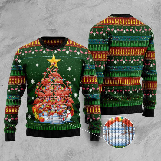 FUNSTUFFPRINT Flamingo Christmas Tree Snowman Ugly Christmas Sweater, Xmas Tree Sweater, Christmas Sweater Ugly  Sweater