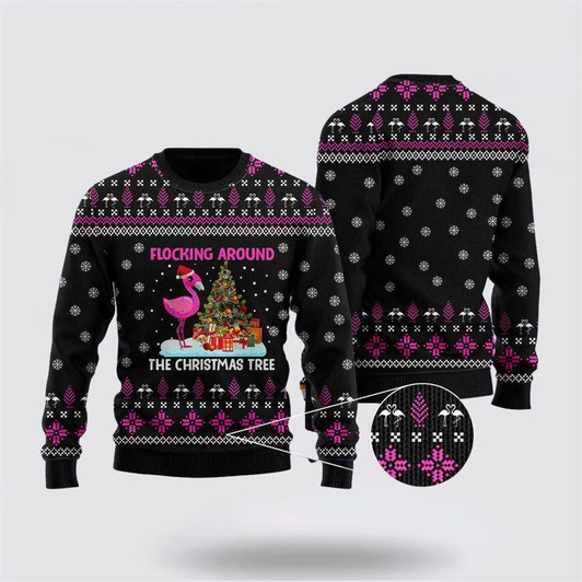 FUNSTUFFPRINT Flamingo Flocking Around The Christmas Tree Ugly Sweater – Christmas Gifts For Frends Ugly  Sweater