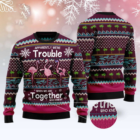 FUNSTUFFPRINT Flamingo Trouble Ugly Christmas Sweater, Christmas Sweater, Ugly Sweater, Funny Xmas Sweaters Ugly  Sweater