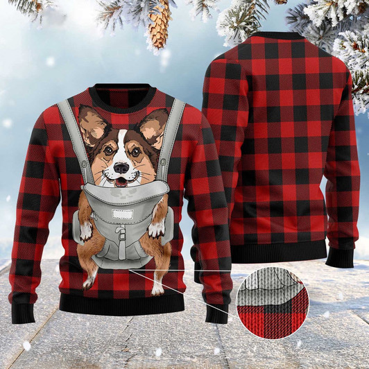 FUNSTUFFPRINT Front Carrier Dog Pembroke Welsh Corgi Ugly Christmas Sweater, Dog Ugly Christmas Sweater, Ugly Dog Sweaters Ugly  Sweater