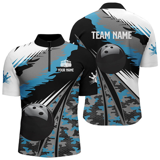 Custom Men's bowling Quarter Zip shirts Custom black ball blue camo Bowling Team Jersey, gift for Bowlers