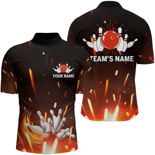 Custom Personalized Bowling Shirt for Men, Flame Bowling Quarter-Zip Shirt for Team, Men Bowlers Jersey
