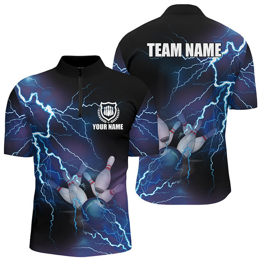 Custom Men's bowling Quarter Zip shirts Custom blue lightning thunder Bowling Team Jersey, gift for Bowlers