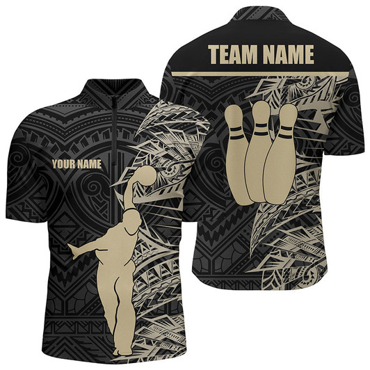 Custom Personalized Bowling Quarter-Zip Shirts for Men Golden Black Tribal team Bowling Jersey Gift For Him