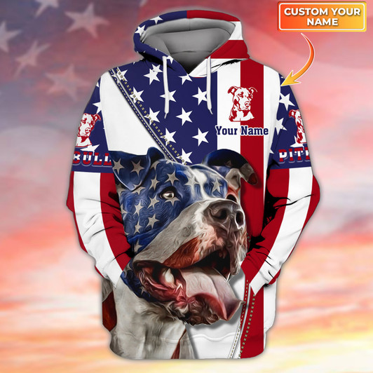 FUNSTUFFPRINT Custom Pitbull American Flag 3D Hoodie and Zip Hoodie
