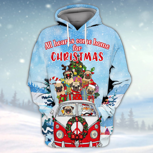 FUNSTUFFPRINT Pugs Dog All Hearts Come Home For Christmas 3D Shirt Pugs Dog And Santa On Hippie Car 3D Hoodie and Zip Hoodie