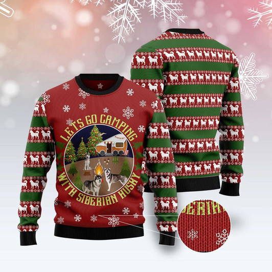 FUNSTUFFPRINT Let’S Go Camping With Siberian Husky Ugly Christmas Sweater, Dog Ugly Christmas Sweater, Ugly Dog Sweaters Ugly  Sweater