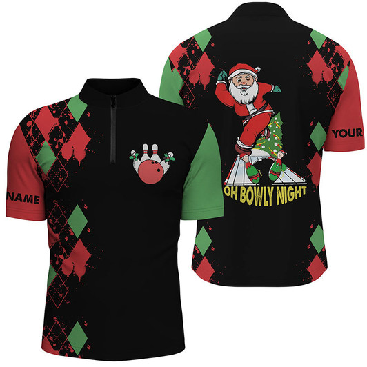 Custom Men's bowling shirt Quarter Zip custom name funny Santa Christmas bowling shirts oh bowly night