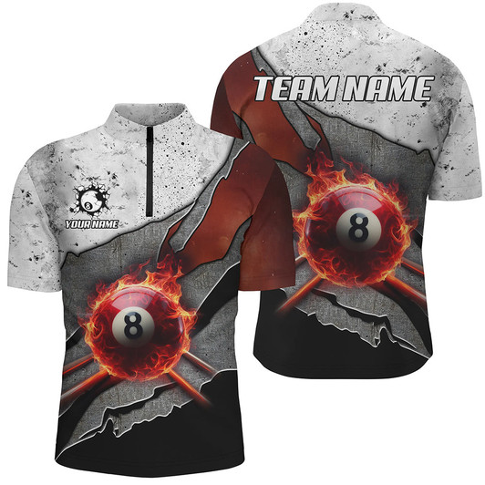 Custom Billiard Grey Grunge Fire 8 Ball Pool Customized Name, Team Name 3D Jersey Shirt For Men
