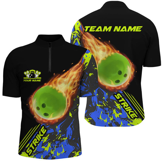 Custom Personalized Men Bowling Quarter Zip Shirts Green Flame Bowling Ball Strike Bowling Team Jerseys