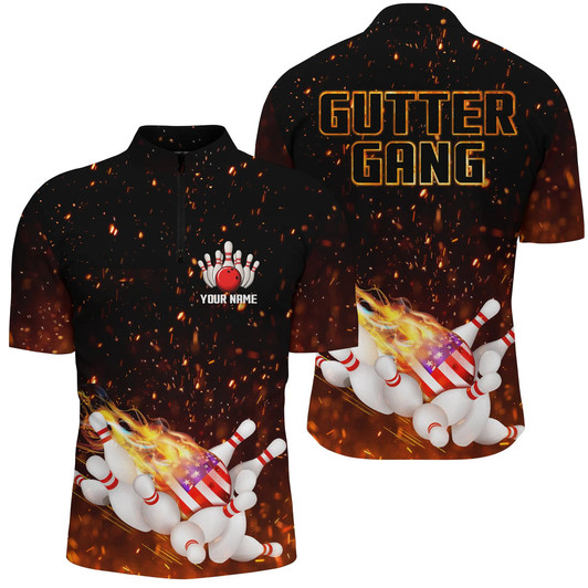 Custom Personalized Flame American Flag Bowling Quarter Zip Shirt For Men Custom Gutter Gang Bowling Shirts