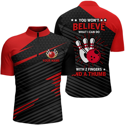 Custom Funny Bowling Shirt for Men Multi Color Custom Bowling Jersey Quarter-Zip 2 Fingers And A Thumb