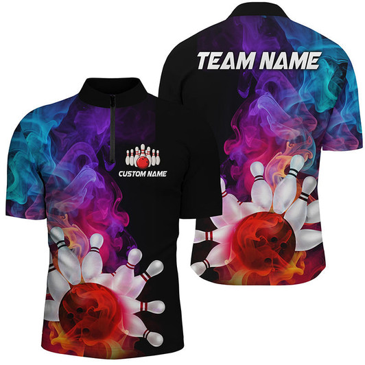 Custom Colorful Bowling Quarter Zip Shirts For Men Smoke Bowling Jerseys Bowling Team Shirts