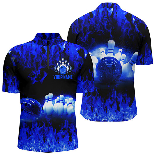 Custom Multi Color Flame Men's Bowling Quarter Zip Shirts, Personalized Cool Bowling Team League Bowling Shirts