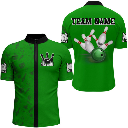 Custom Green Bowling Shirt for Men Bowling Jersey Bowling Team League Quarter-Zip Shirt
