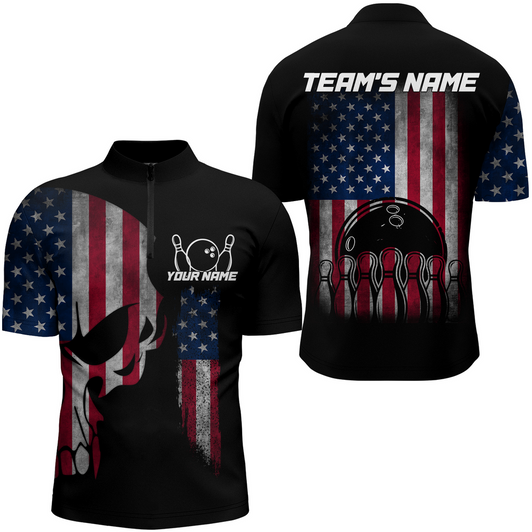 Custom American Bowling Quarter-Zip Shirt for Men Custom Skull Bowling Jersey Bowling Team, Gift for Bowler