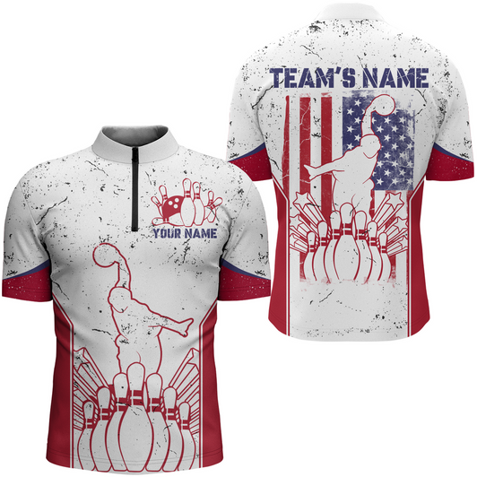 Custom Personalized 3D Bowling Jersey for Men USA Bowling Team Shirt Bowling Quarter-Zip Shirt, Flag Bowling Jersey Shirt