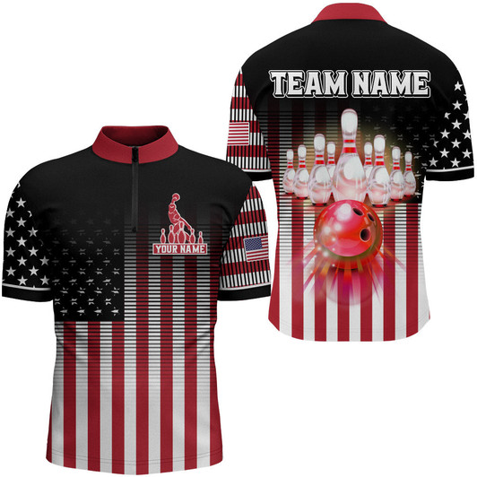 Custom American Bowling Jersey Men Custom Black Bowling Quarter-Zip Shirt Team Patriot Bowling Shirt