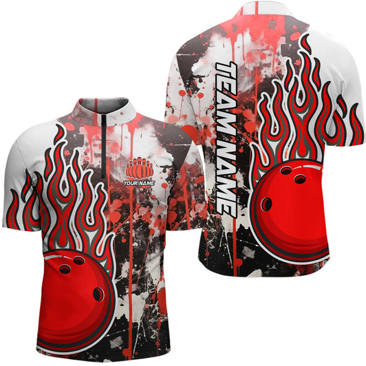 Custom Multicolor Camo Flame Bowling Quarter Zip Shirts Men Custom Bowling Team Jerseys Bowling Shirts