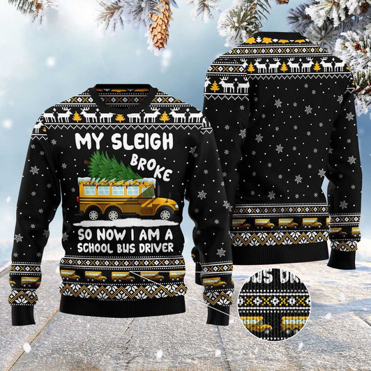 FUNSTUFFPRINT My Sleigh Broke So Now I Am A School Bus Driver Ugly Christmas Sweater, Christmas Sweater, Ugly Sweater, Funny Xmas Sweaters Ugly  Sweater