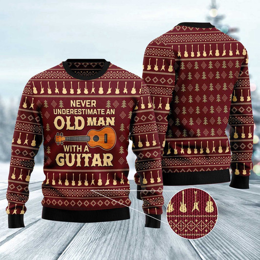 FUNSTUFFPRINT Never Underestimate An Old Man With A Guitar Ugly Christmas Sweater, Christmas Sweater, Ugly Sweater, Funny Xmas Sweaters Ugly  Sweater