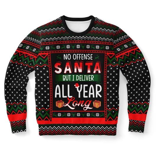 FUNSTUFFPRINT No Offense Santa But I Deliver All Year Long Postman Ugly Christmas Sweater, Christmas Sweater, Ugly Sweater, Funny Xmas Sweaters Ugly  Sweater