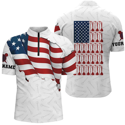 Custom Darts Pattern Waving American Flag White Quarter-Zip Shirt Patriotic Dart Jersey For Men