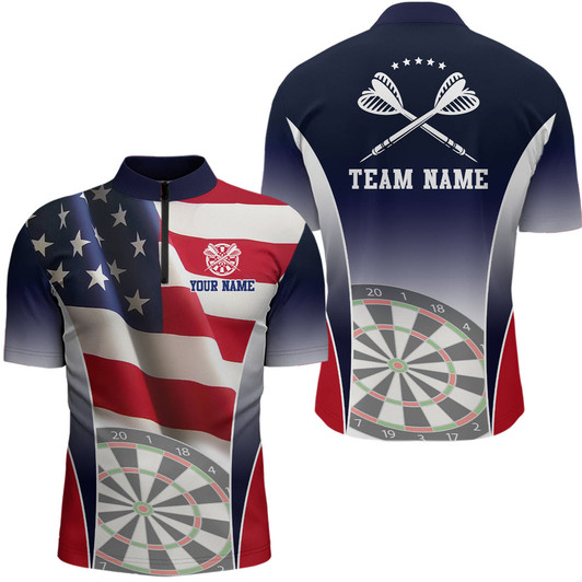 Custom 3D American Flag Patriotic Darts Quarter Zip Shirt Personalized Dart Jersey For Men