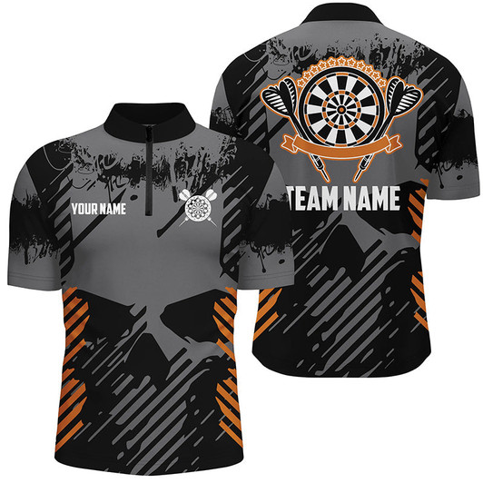 Custom Grey Grunge Orange Skull Darts Quarter-Zip Shirts Custom Dart Shirts For Men Dart Jersey