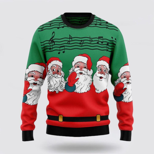 FUNSTUFFPRINT Santa Claus Sweater, Santa Claus And Music Notes Ugly Sweater, Funny Santa Sweaters, Santa Claus Outfit History Ugly  Sweater