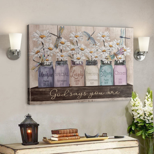 Bible Verse Wall Art Canvas - Daisy And Dragonfly - God Says You Are Canvas - Ciaocustom