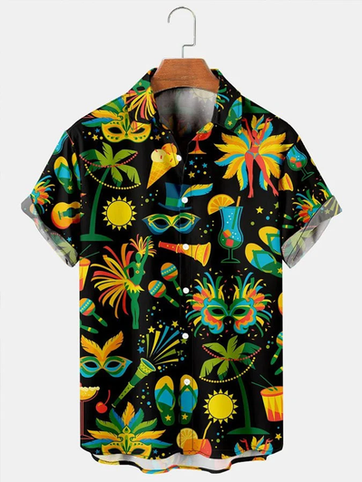 Men's Vintage Shirts Mardi Gras Graphic Casual Breathable Short Sleeve Hawaiian Shirt