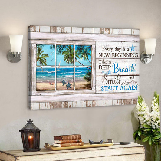 Turtle With Beach Landscape - Everyday Is A New Beginning Canvas Wall Art - Bible Verse Canvas - Scripture Canvas Wall Art - Ciaocustom