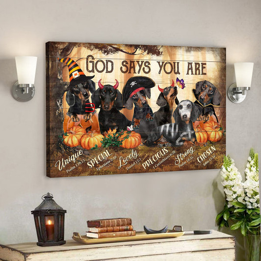 God Says You Are - Dachshunds In Halloween Costumes Canvas Wall Art - Bible Verse Canvas - Ciaocustom