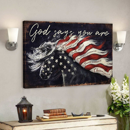 Amazing Horse And Flag - God Says You Are - Bible Verse Canvas - Scripture Canvas Wall Art - Ciaocustom