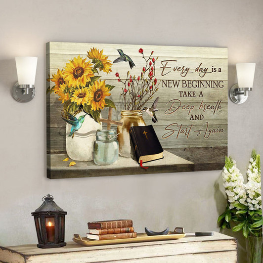Hummingbird And Flower Jars - Every Day Is A New Beginning - Bible Verse Canvas - Scripture Canvas Wall Art - Ciaocustom