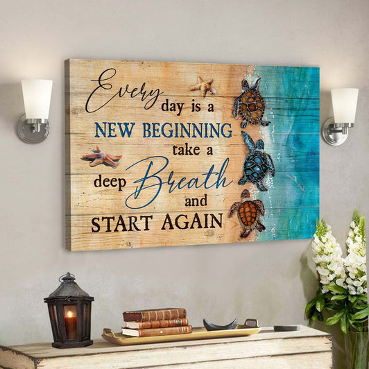 Turtles Along The Beach - Every Day Is A New Beginning Canvas Wall Art - Bible Verse Canvas - Scripture Canvas Wall Art - Ciaocustom