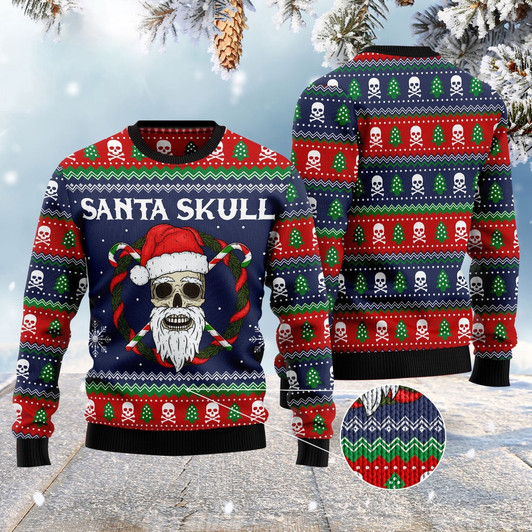 FUNSTUFFPRINT Santa Skull Funny Ugly Christmas Sweater, Christmas Sweater, Ugly Sweater, Funny Xmas Sweaters Ugly  Sweater