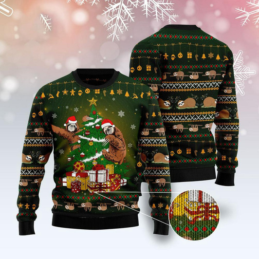 FUNSTUFFPRINT Sloth Christmas Tree Ugly Christmas Sweater, Xmas Tree Sweater, Christmas Sweater Ugly  Sweater