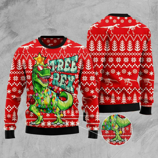 FUNSTUFFPRINT Tree Rex T-Rex Dinosaur Ugly Christmas Sweater, Xmas Tree Sweater, Christmas Sweater Ugly  Sweater