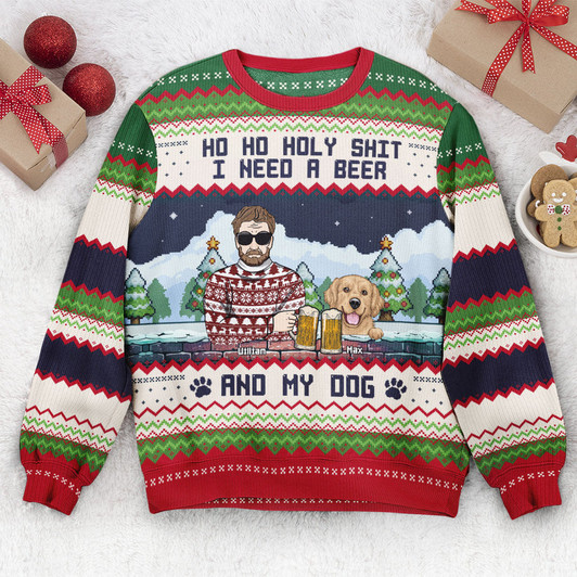 FUNSTUFFPRINT Custom  Ho Ho Holy I Need A Beer Bourbon Wine And My Dog Ugly  Sweater