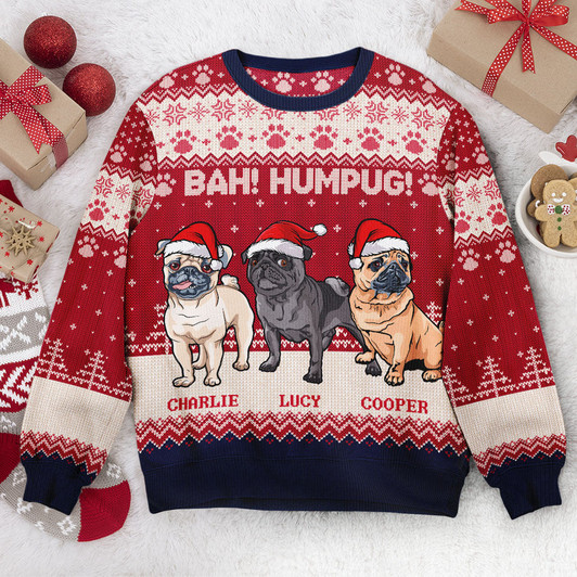 FUNSTUFFPRINT Custom  Bah Hum Pug Dog Lovers - Personalized Ugly Sweater Ugly  Sweater