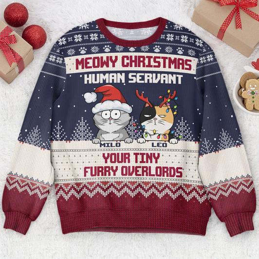 FUNSTUFFPRINT Custom Meowy Christmas Human Servant  Ugly Sweater