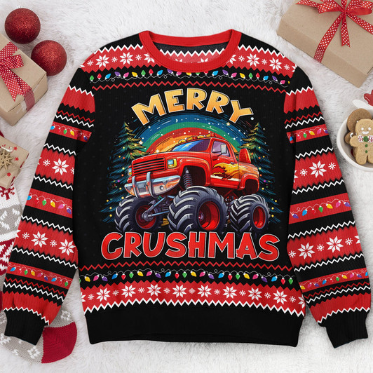 FUNSTUFFPRINT Custom Merry Crushmas Monster Truck Christmas For Kids  Ugly Sweater