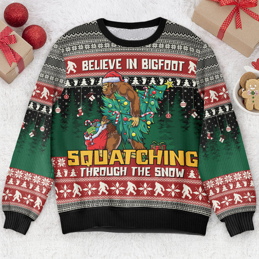 FUNSTUFFPRINT Custom Believe In Bigfoot Squatching Through The Snow Ugly Sweater