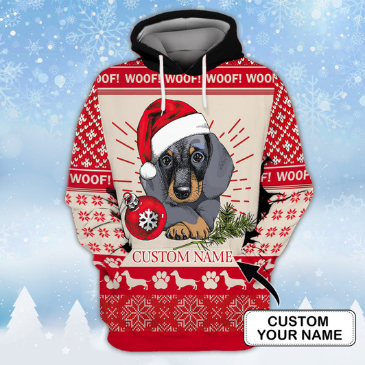 FUNSTUFFPRINT Xmas Dachshund - Personalized Name  3D Hoodie and Zip Hoodie