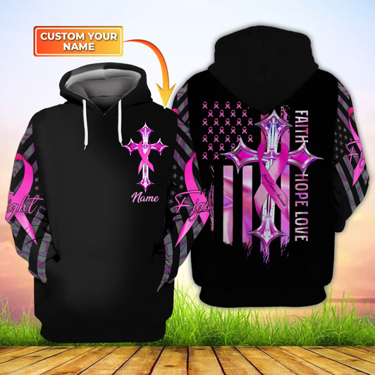 FUNSTUFFPRINT Pink Ribbon Cross - Personalized Name   3D Hoodie and Zip Hoodie