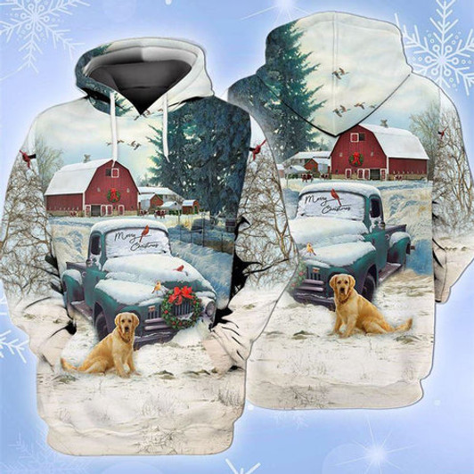 FUNSTUFFPRINT 3D Christmas Farm Blue Truck With Red Barn All Over 3D Hoodie and Zip Hoodie